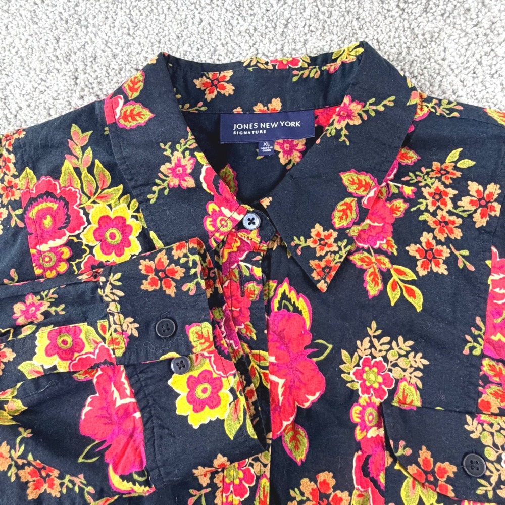 Black Floral Button Up Shirt Womens XL Long Sleeve Boho‎ Statement Lightweight